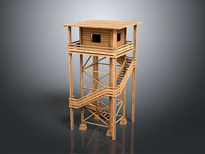 Wooden Two Story Tower Structure With Staircase And Platform Design 3d model