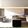 Modern Office Interior Design With Bookshelves Desk Marble Countertop And Plants