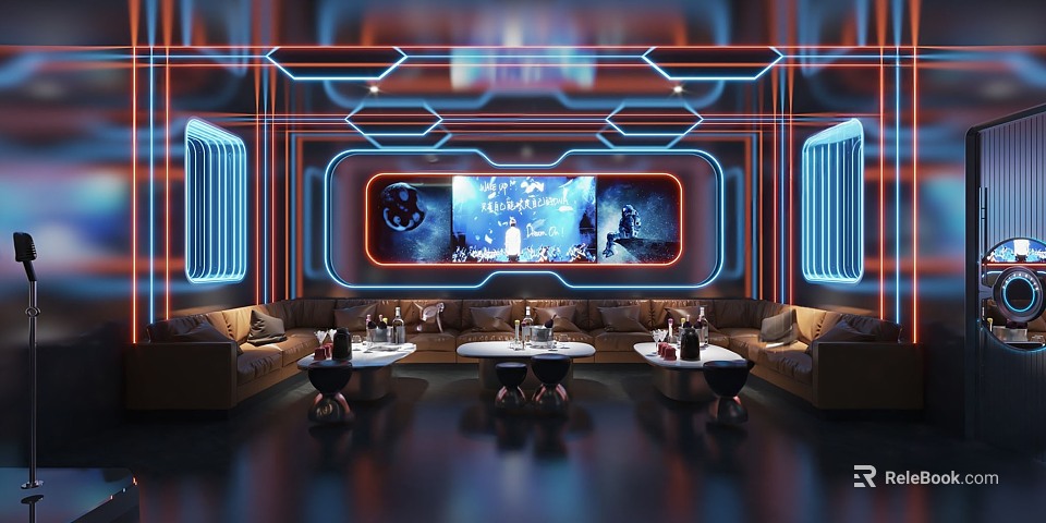 Modern KTV Interior Design With Neon Lights Large Screen Sofas And Wine Bottles 3d model 