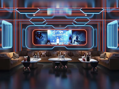 Modern KTV Interior Design With Neon Lights Large Screen Sofas And Wine Bottles 3d model