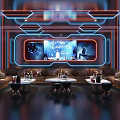 Modern KTV Interior Design With Neon Lights Large Screen Sofas And Wine Bottles