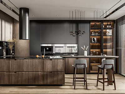 Modern Open Kitchen Interior Design With Island Counter And Cabinets 3d model