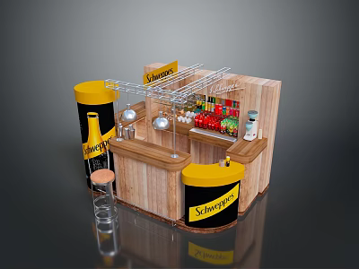 Vimto Drink Stall Featuring Wooden Counter Yellow Containers Beverages And High Stool 3d model