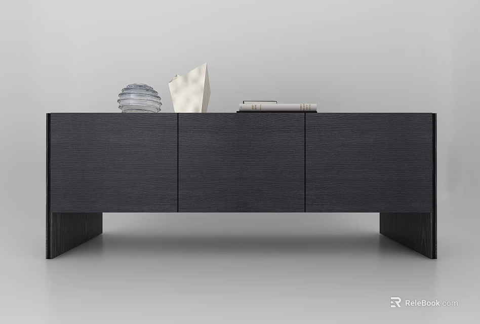 Modern Dark Wood Grain Decorative Cabinet With Sculpture Books And Cabinet Doors 3d model 