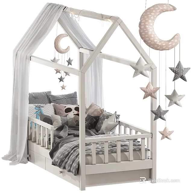 White Frame Kids Bed With Canopy Curtains Moon And Star Decorations Pillows And Stuffed Toys 3d model 