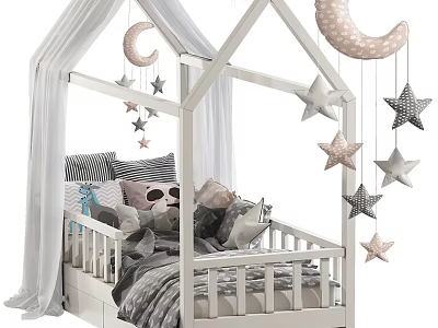 White Frame Kids Bed With Canopy Curtains Moon And Star Decorations Pillows And Stuffed Toys 3d model