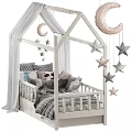 White Frame Kids Bed With Canopy Curtains Moon And Star Decorations Pillows And Stuffed Toys