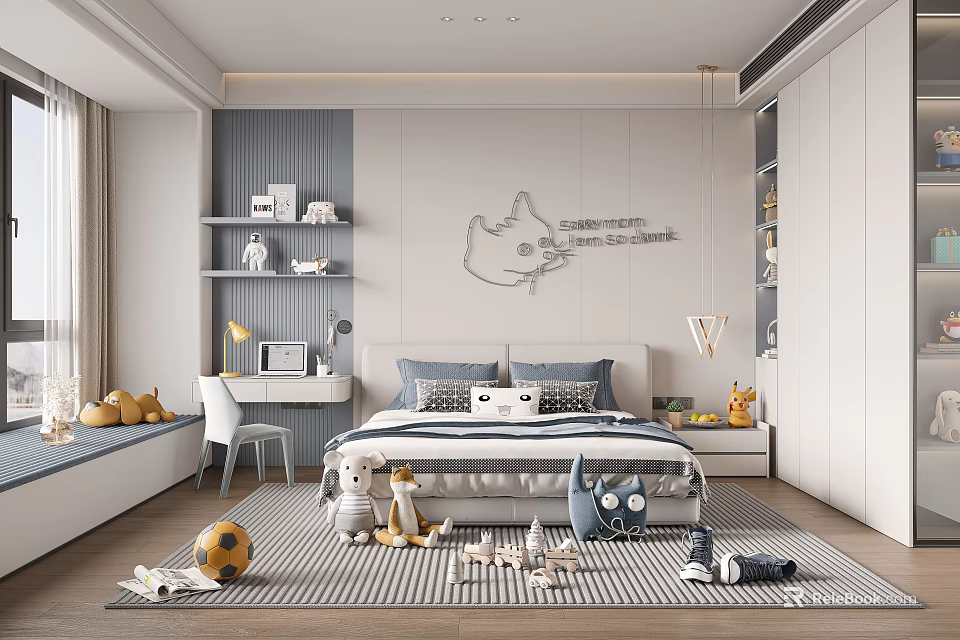 Bright Kids Room Interior With Bed Stuffed Toys And Striped Rug On Wooden Floor 3d model 