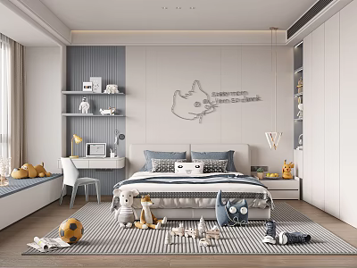 Bright Kids Room Interior With Bed Stuffed Toys And Striped Rug On Wooden Floor 3d model