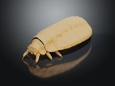 Yellowish Beetle With Elliptical Body And Six Legs On Dark Reflective Surface 3d model