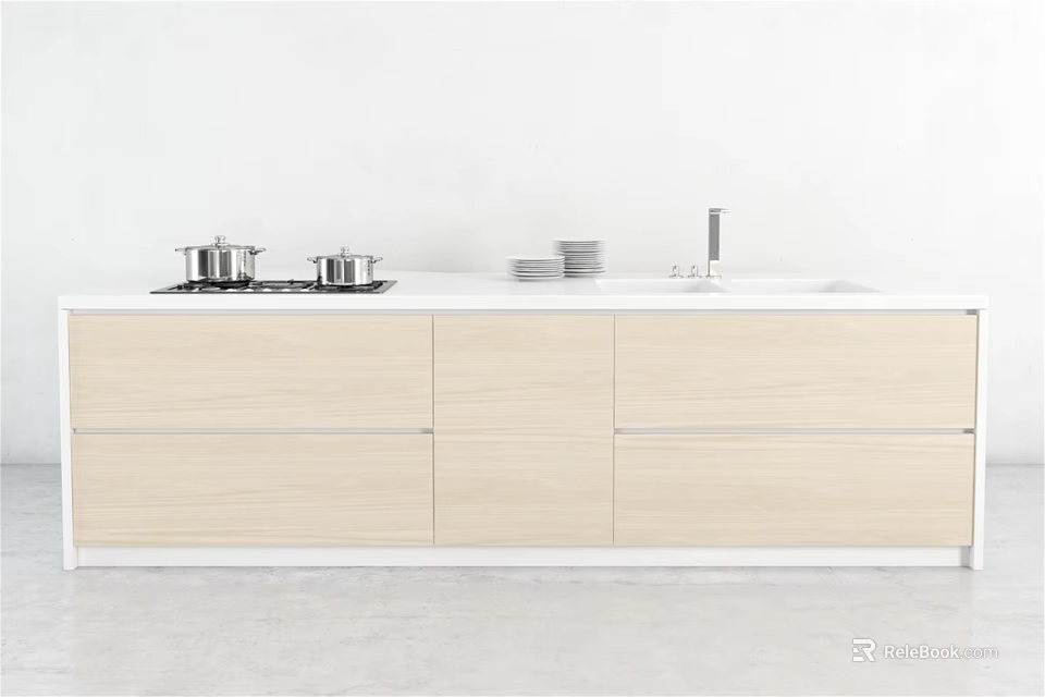 Modern Kitchen Interior With Light Wood Cabinets White Countertop And Cookware 3d model 