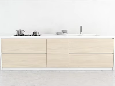 Modern Kitchen Interior With Light Wood Cabinets White Countertop And Cookware 3d model