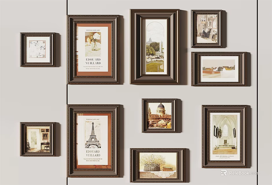 Brown Picture Frames With Various Art Prints On Gray Wall 3d model 
