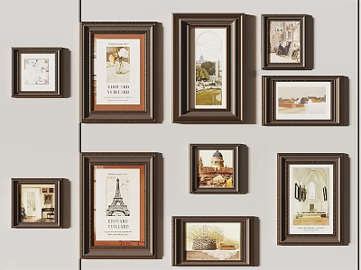 Brown Picture Frames With Various Art Prints On Gray Wall 3d model