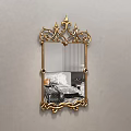 Ornate Golden Framed Mirror Reflecting Bedroom Bed With Pillows And Blanket
