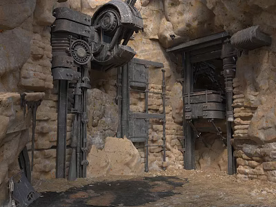 Industrial Cave Interior With Stone Walls Metal Door And Mechanical Gears 3d model