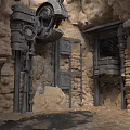 Industrial Cave Interior With Stone Walls Metal Door And Mechanical Gears