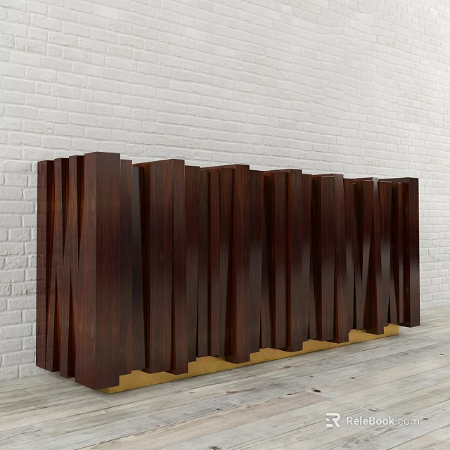 Modern Dark Brown Wooden Entryway Cabinet Sideboard With Striped Design And White Brick Wall 3d model 