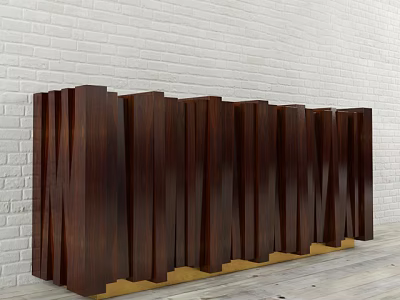 Modern Dark Brown Wooden Entryway Cabinet Sideboard With Striped Design And White Brick Wall 3d model