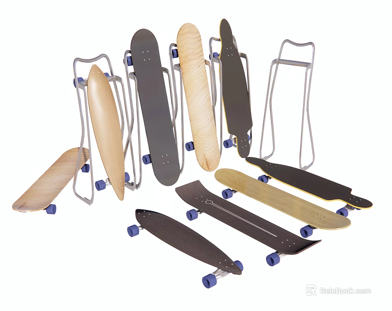 Various Colored Skateboards With Metal Stands For Outdoor Sports Equipment 3d model 