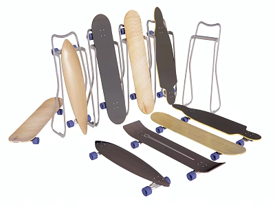 Various Colored Skateboards With Metal Stands For Outdoor Sports Equipment 3d model