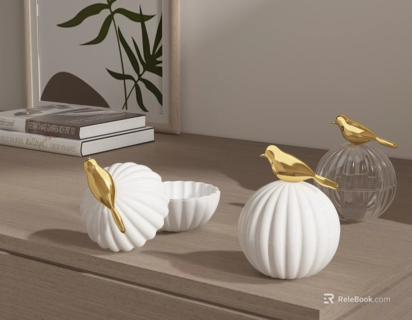 White Ceramic Decorative Pieces With Gold Bird Accents For Tabletop 3d model 