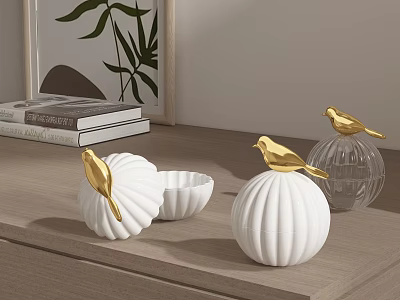 White Ceramic Decorative Pieces With Gold Bird Accents For Tabletop 3d model