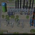 Industrial Plant With Green Water Tower Black Tall Towers Pipes Metal Structures And Surrounding Trees