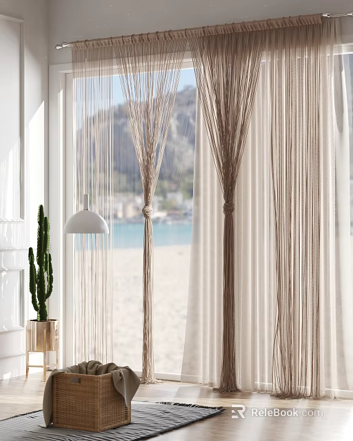 Natural String Curtains In Sunlit Interior With Sea View Cactus And Pendant Lamp 3d model 