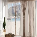 Natural String Curtains In Sunlit Interior With Sea View Cactus And Pendant Lamp