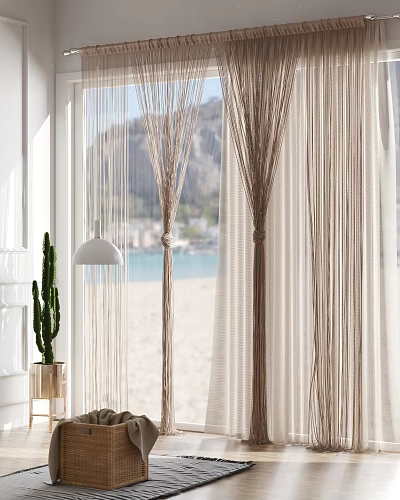 Natural String Curtains In Sunlit Interior With Sea View Cactus And Pendant Lamp 3d model