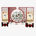 Chinese Style Window Display Decoration With Red Screens Circular Frame And Book Themed Elements 3d model