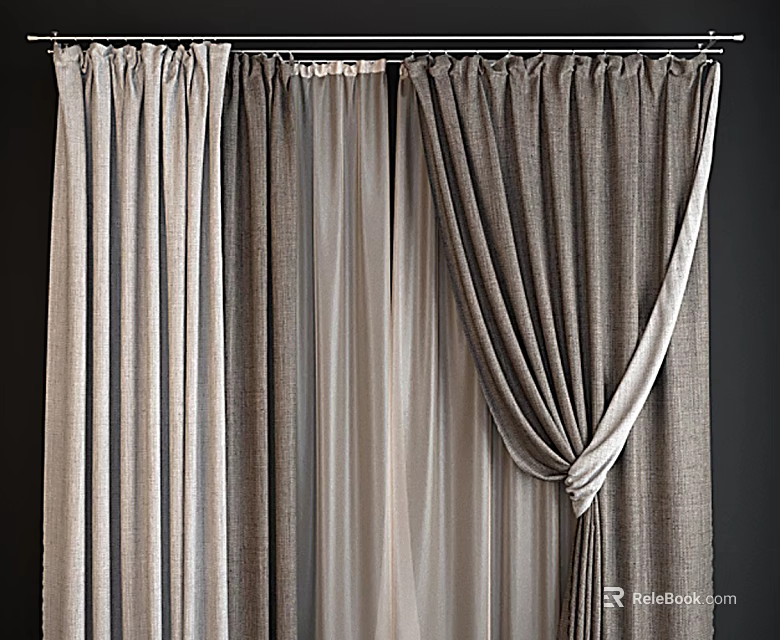 Neutral Tones Curtains Featuring Sheer And Heavy Fabric With Tied Design For Home Decor 3d model 