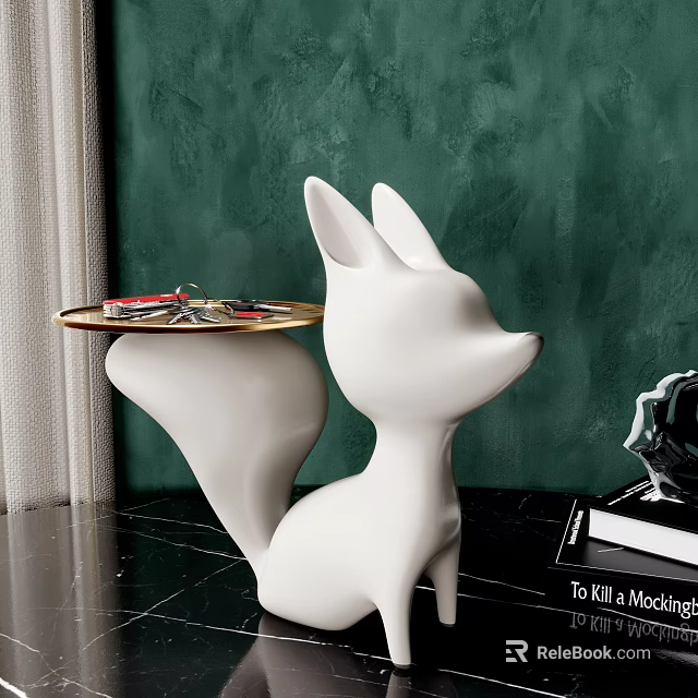 White Fox Shaped Side Table With Tray For Home Decor 3d model