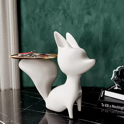White Fox Shaped Side Table With Tray For Home Decor 3d model