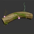 Natural Wooden Log Featuring Bark Texture Green Moss Red Mushrooms And Small Twigs