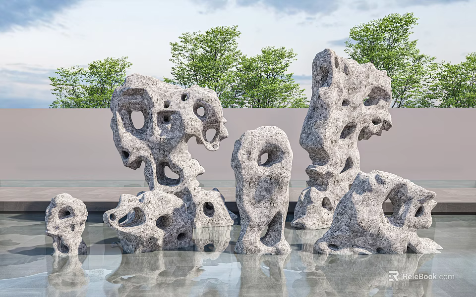 Outdoor Porous Stone Sculptures with Water Reflection and Green Trees in Garden Landscape 3d model 