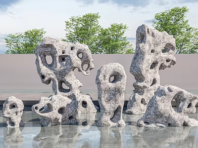 Outdoor Porous Stone Sculptures with Water Reflection and Green Trees in Garden Landscape 3d model