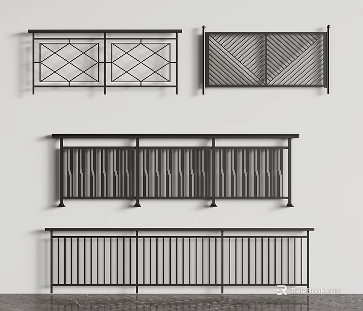 Modern Railings with Various Designs Including Geometric Patterns Striped Styles and Vertical Bars 3d model 