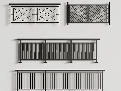 Modern Railings with Various Designs Including Geometric Patterns Striped Styles and Vertical Bars 3d model