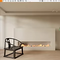 Modern Living Room Interior With White Fireplace Flames And Black Chair