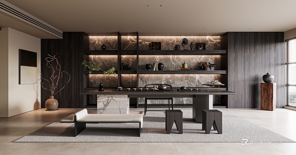 Modern Tea Room Interior With Dark Wood Walls Marble Shelves Tea Sets And Green Plants 3d model 