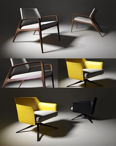 Modern Leisure Chairs With Wooden Frames Yellow Black And Light Gray Upholstered Seats 3d model