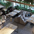 Open Restaurant Interior With Lush Greenery Natural Light Cozy Seating And Wooden Dining Tables