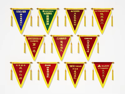 Colorful Triangular Honor Banners with Chinese Text and Golden Tassels 3d model