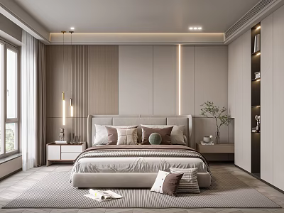 Modern Bedroom Interior Design With Large Bed Pillows Bedside Tables Rug And Potted Plant 3d model