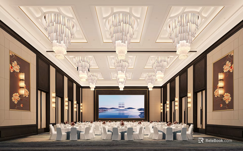 Luxurious Banquet Hall Interior With Crystal Chandeliers Large Screen And Neatly Arranged Tables 3d model 