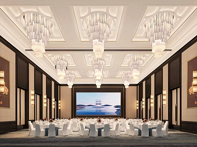 Luxurious Banquet Hall Interior With Crystal Chandeliers Large Screen And Neatly Arranged Tables 3d model
