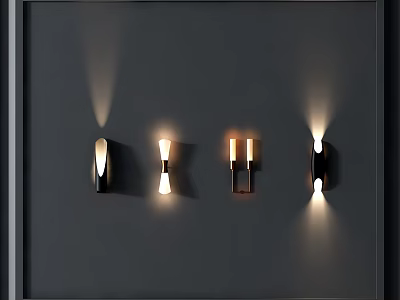 Modern Wall Lamps as Stylish Lighting Fixtures with Various Designs Illuminated on Dark Wall 3d model