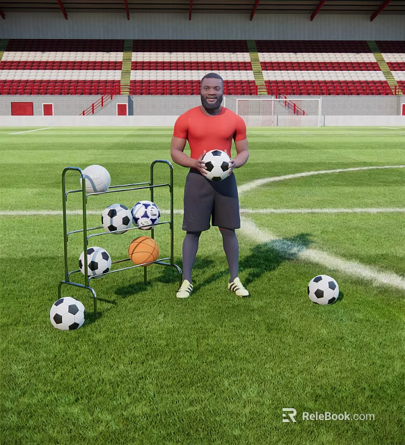The Man Holding Football On Green Sports Field With Ball Rack And Soccer Balls 3d model 